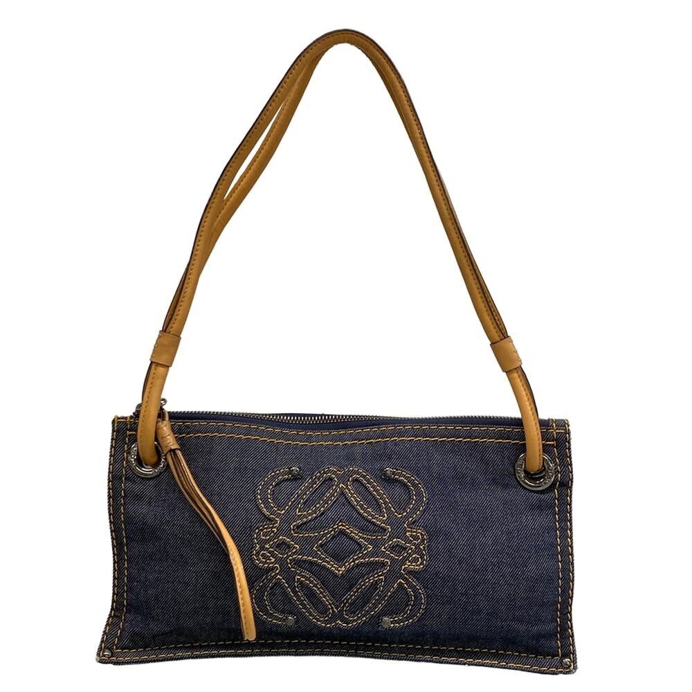 Loewe Shoulder Bag Dark Navy Beige Denim Nappa Leather